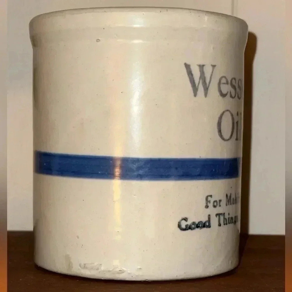 Vintage Wesson Oil crock kitchen utensil storage holder stoneware 20th century - Picture 10 of 16